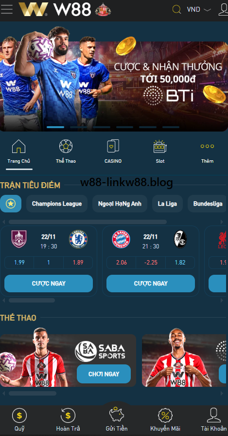 Giao diện ứng dụng W88