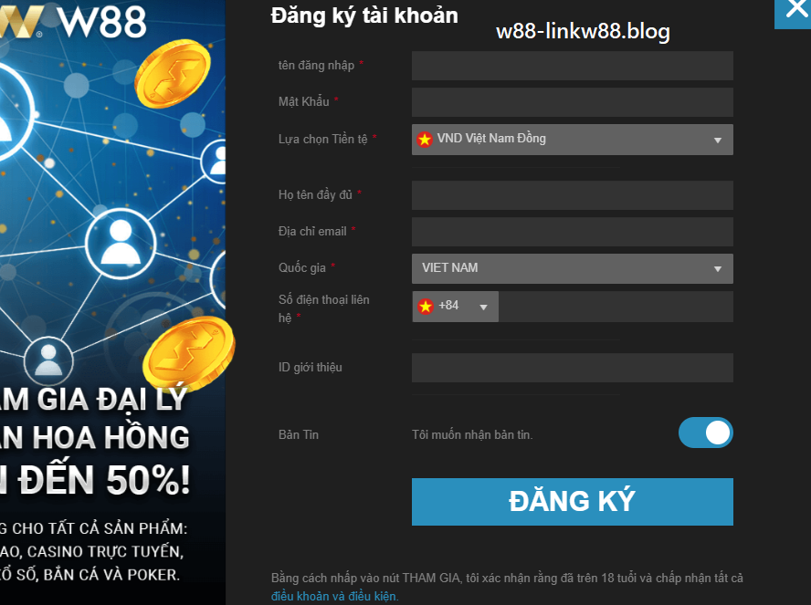 Thông tin đăng ký đại lý W88
